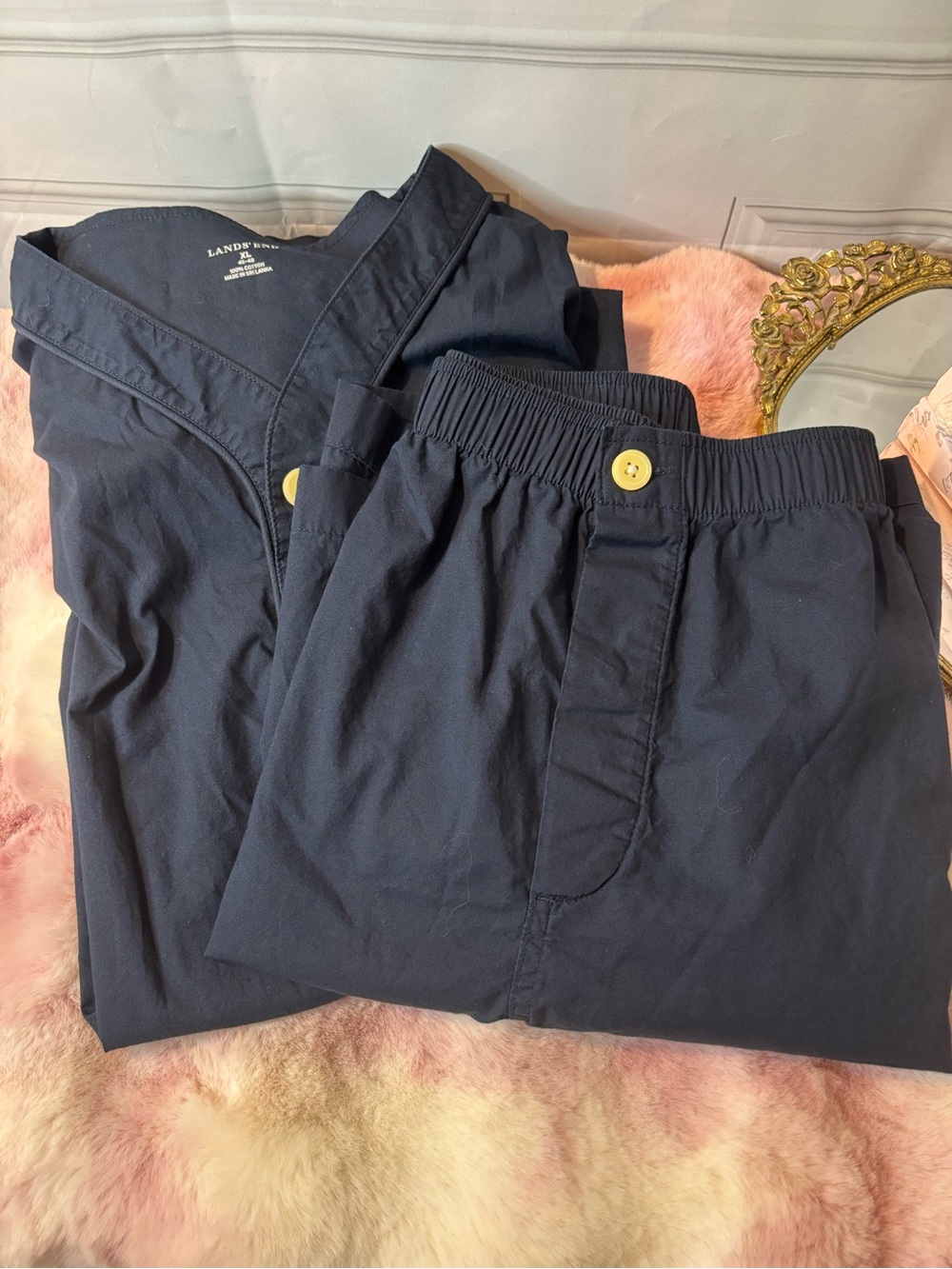 Land’s End Men’s Navy Short Sleeve Cotton Pajamas with Matching Shorts, Size XL